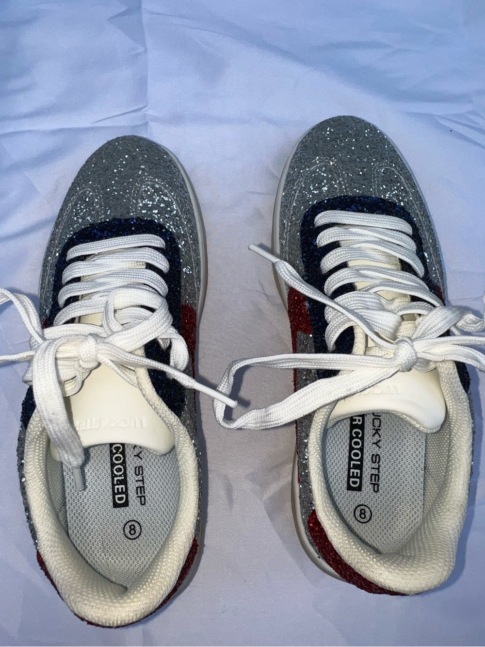 NWOT Lucky Step Air Cooled Size 8 Silver Glitter Sneakers Red Blue Lace Up - Picture 8 of 11